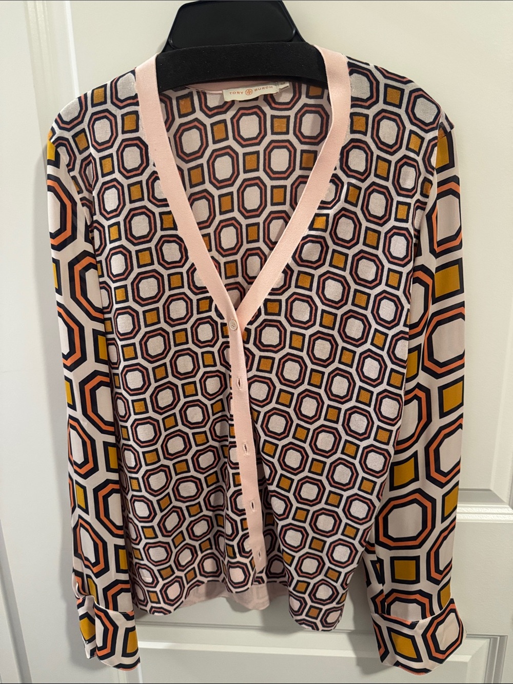Tory Burch Pink, Mustard and Navy Geometric Button-Front Cardigan